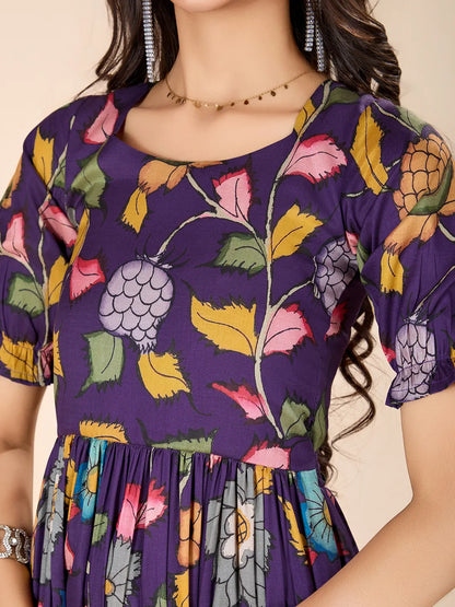 Kalamkari Floral Printed Tussar Silk Dress