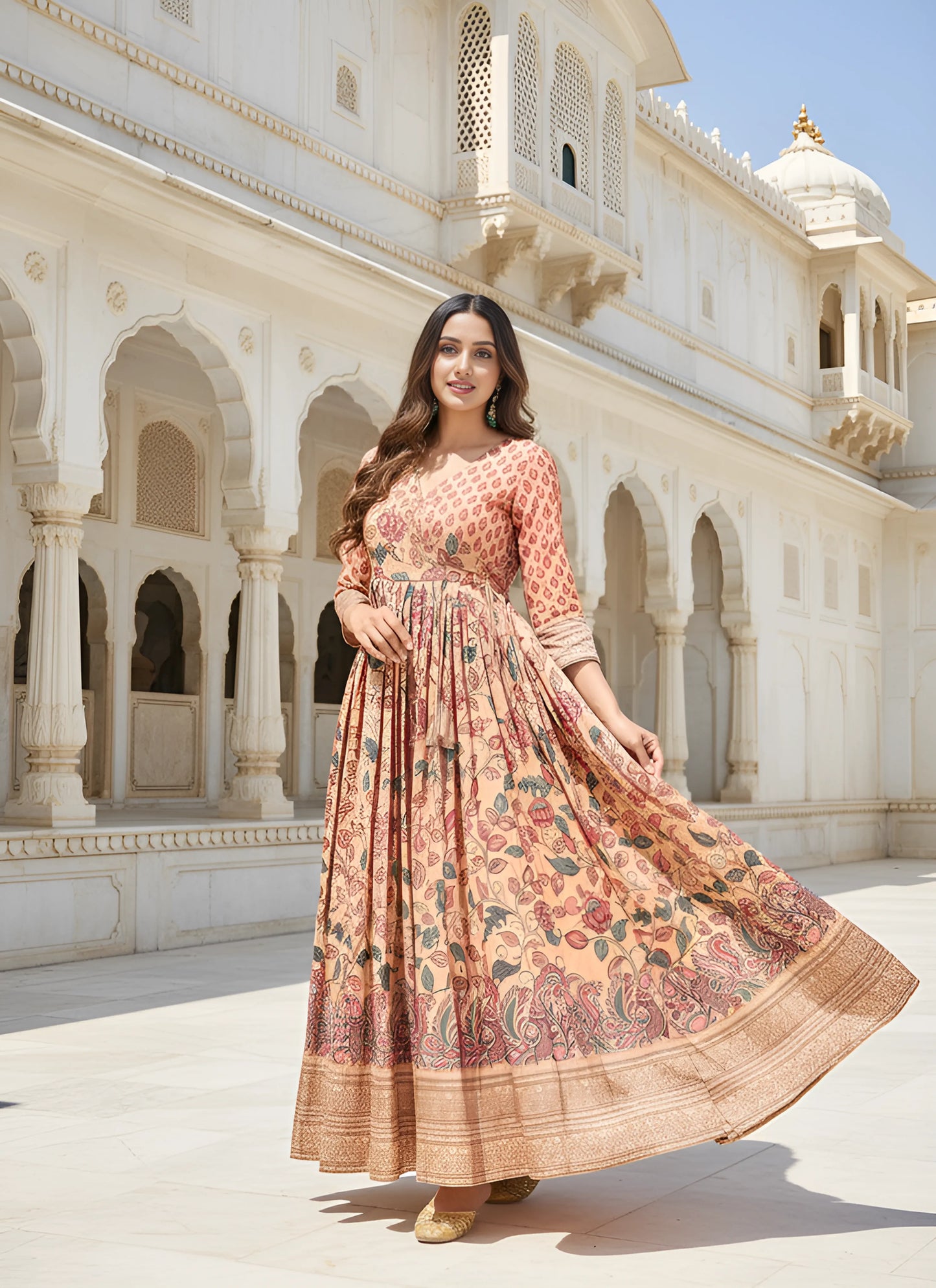 Anarkali Kalamkari Printed Floral Gown for Women - Peach