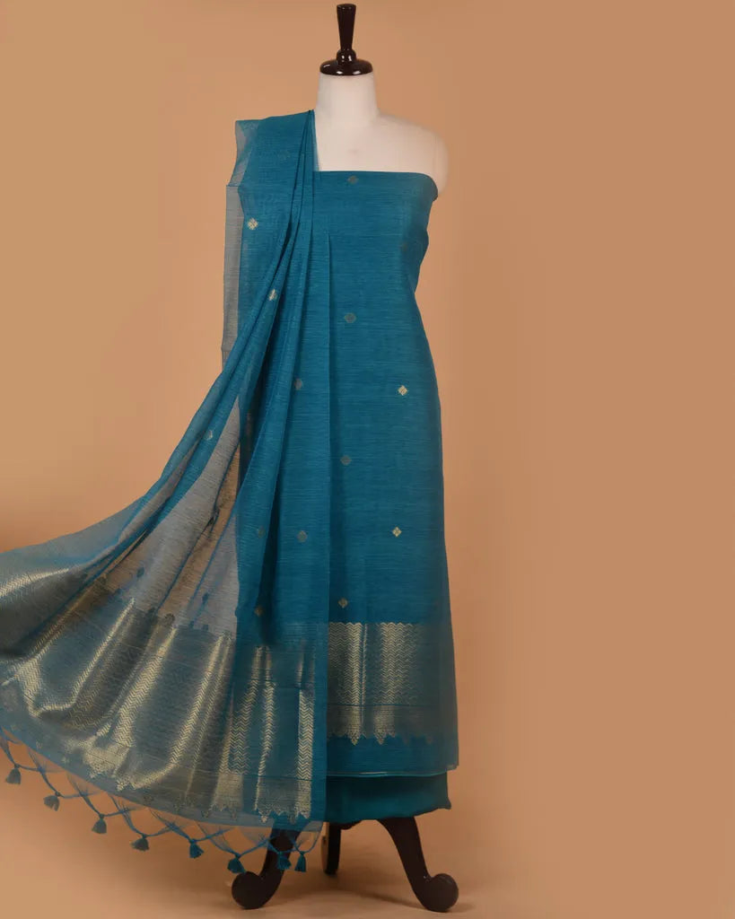 Soft Linen Silk Blend Unstitched Dress Material with Rich Zari Design - Sky