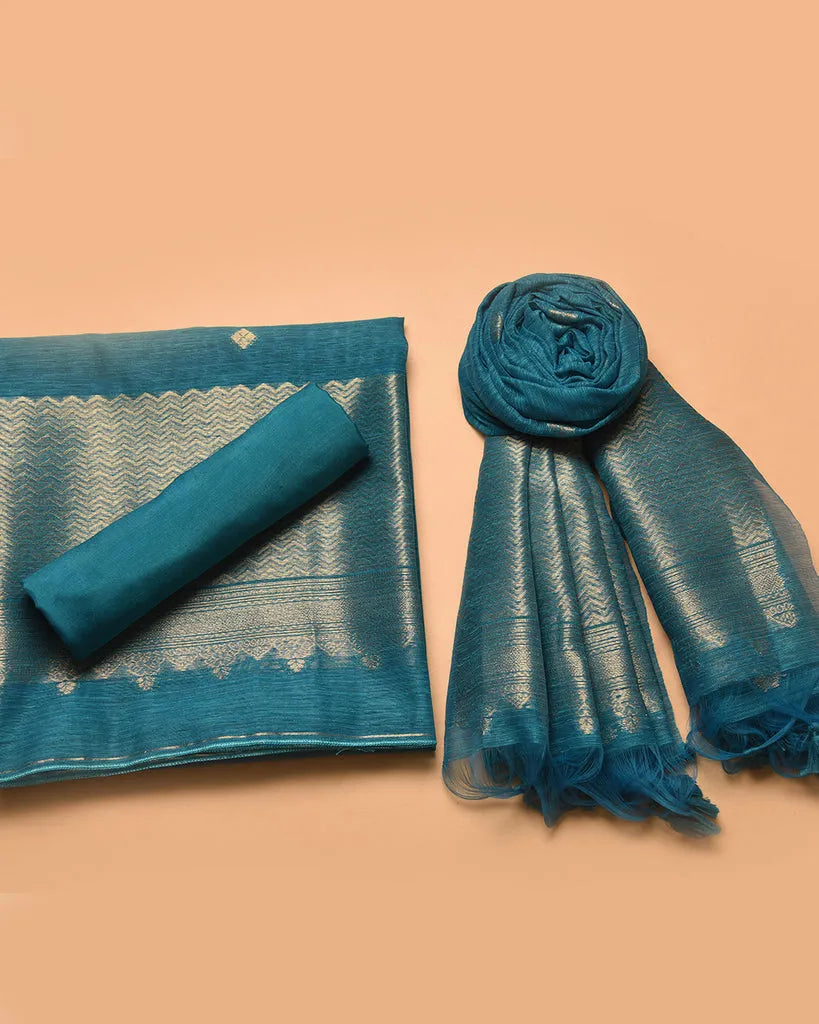 Soft Linen Silk Blend Unstitched Dress Material with Rich Zari Design - Sky