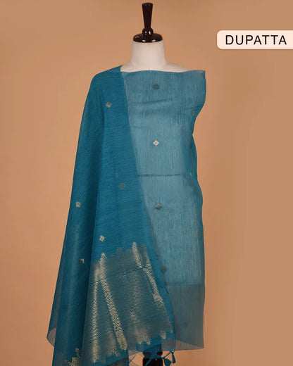 Soft Linen Silk Blend Unstitched Dress Material with Rich Zari Design - Sky