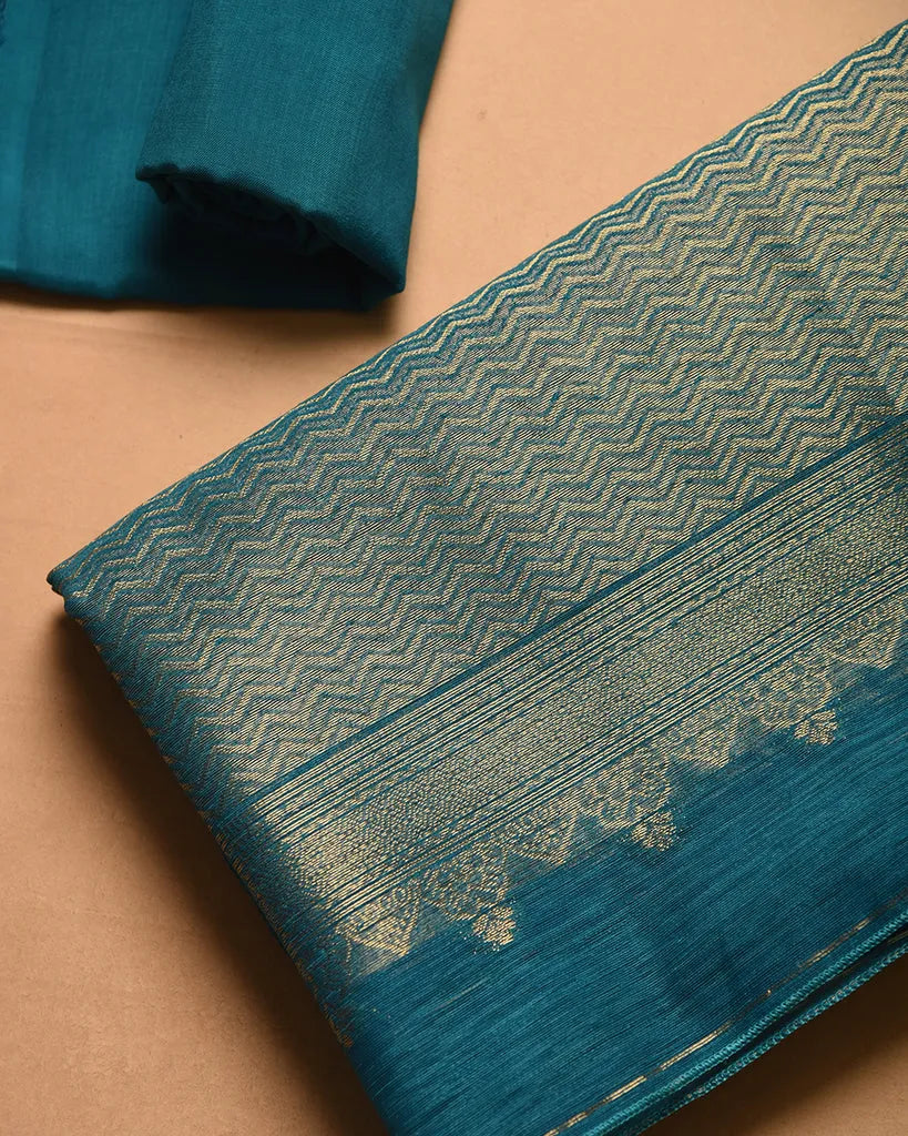 Soft Linen Silk Blend Unstitched Dress Material with Rich Zari Design - Sky