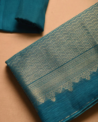 Soft Linen Silk Blend Unstitched Dress Material with Rich Zari Design - Sky