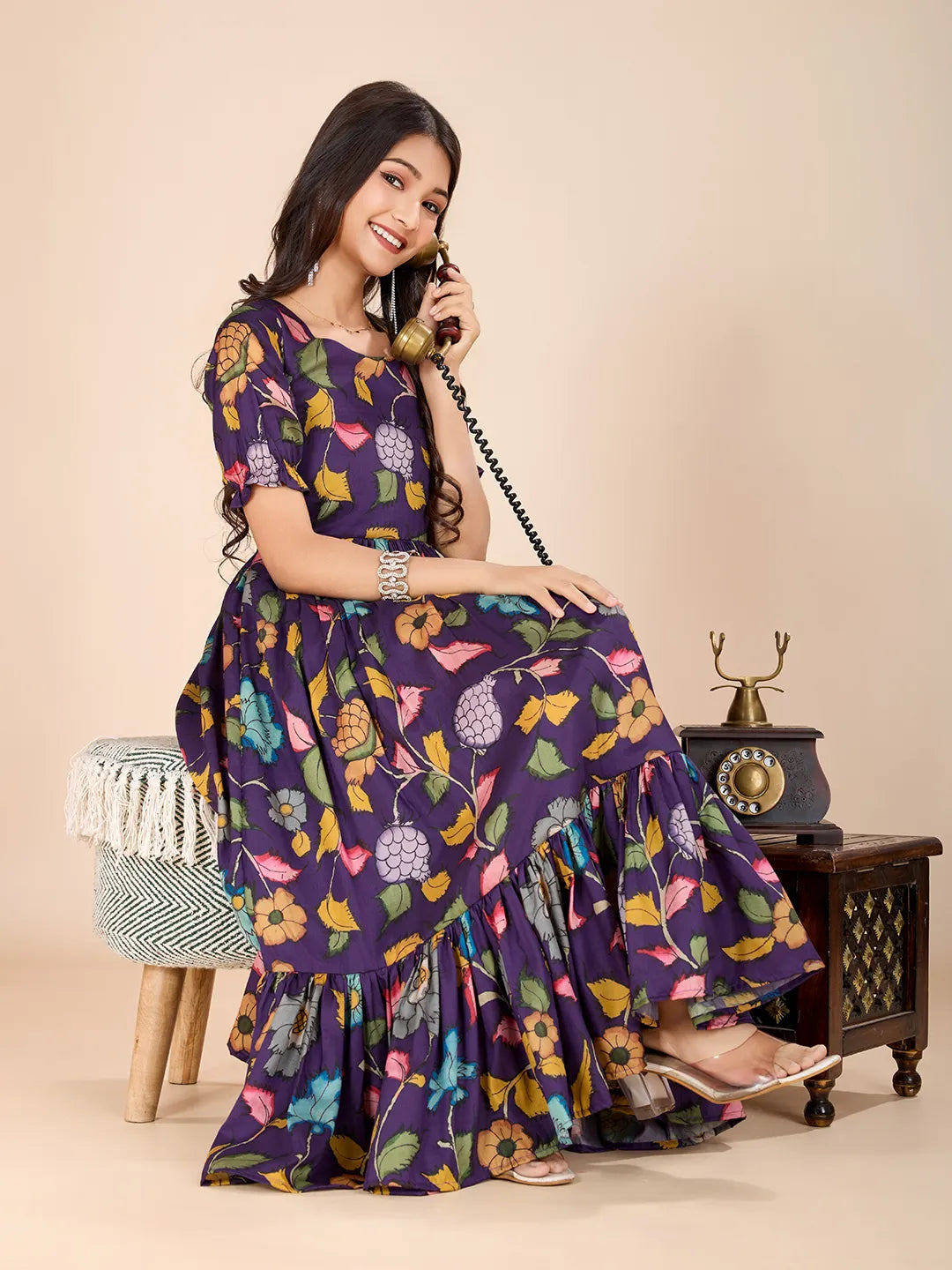 Kalamkari Floral Printed Tussar Silk Dress