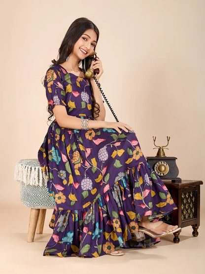 Kalamkari Floral Printed Tussar Silk Dress
