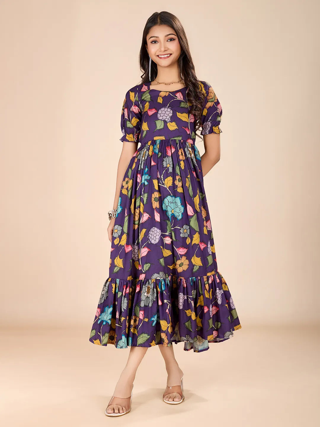 Kalamkari Floral Printed Tussar Silk Dress