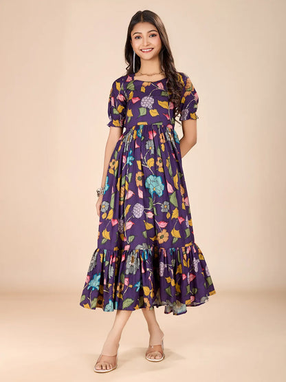 Kalamkari Floral Printed Tussar Silk Dress