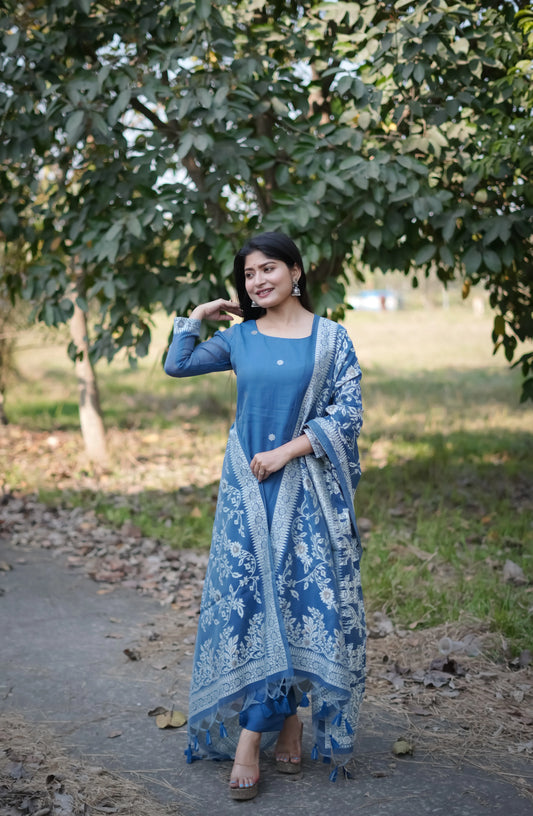 Indigo Soft Muga Cotton Unstitched Dress Material Set