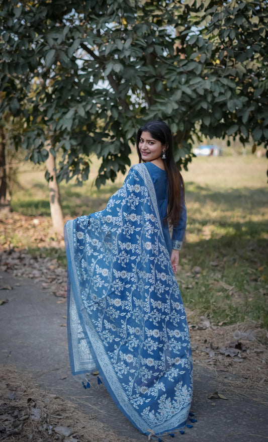 Indigo Soft Muga Cotton Unstitched Dress Material Set