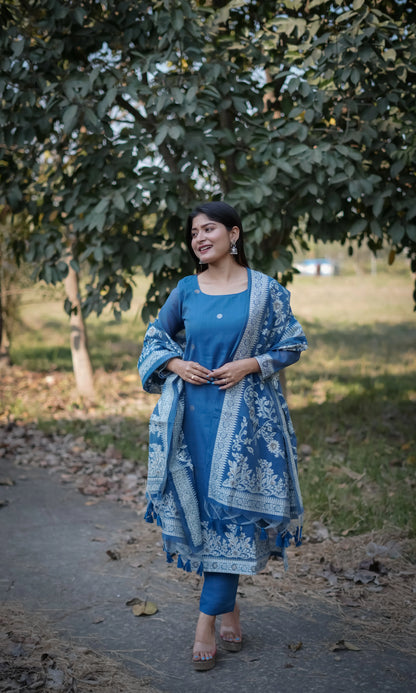 Indigo Soft Muga Cotton Unstitched Dress Material Set