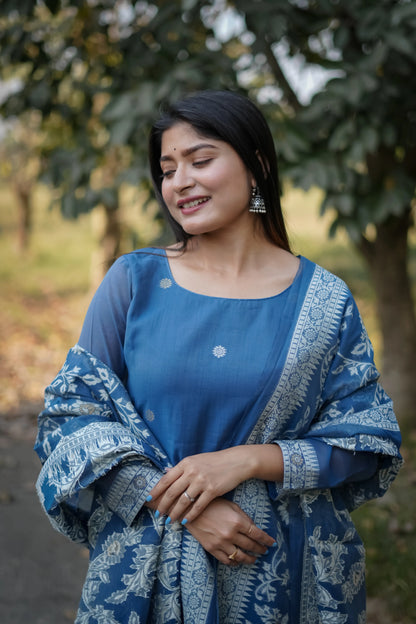 Indigo Soft Muga Cotton Unstitched Dress Material Set