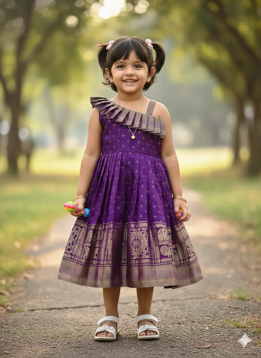 Kids Paithani Silk One-Shoulder Dress - Purple
