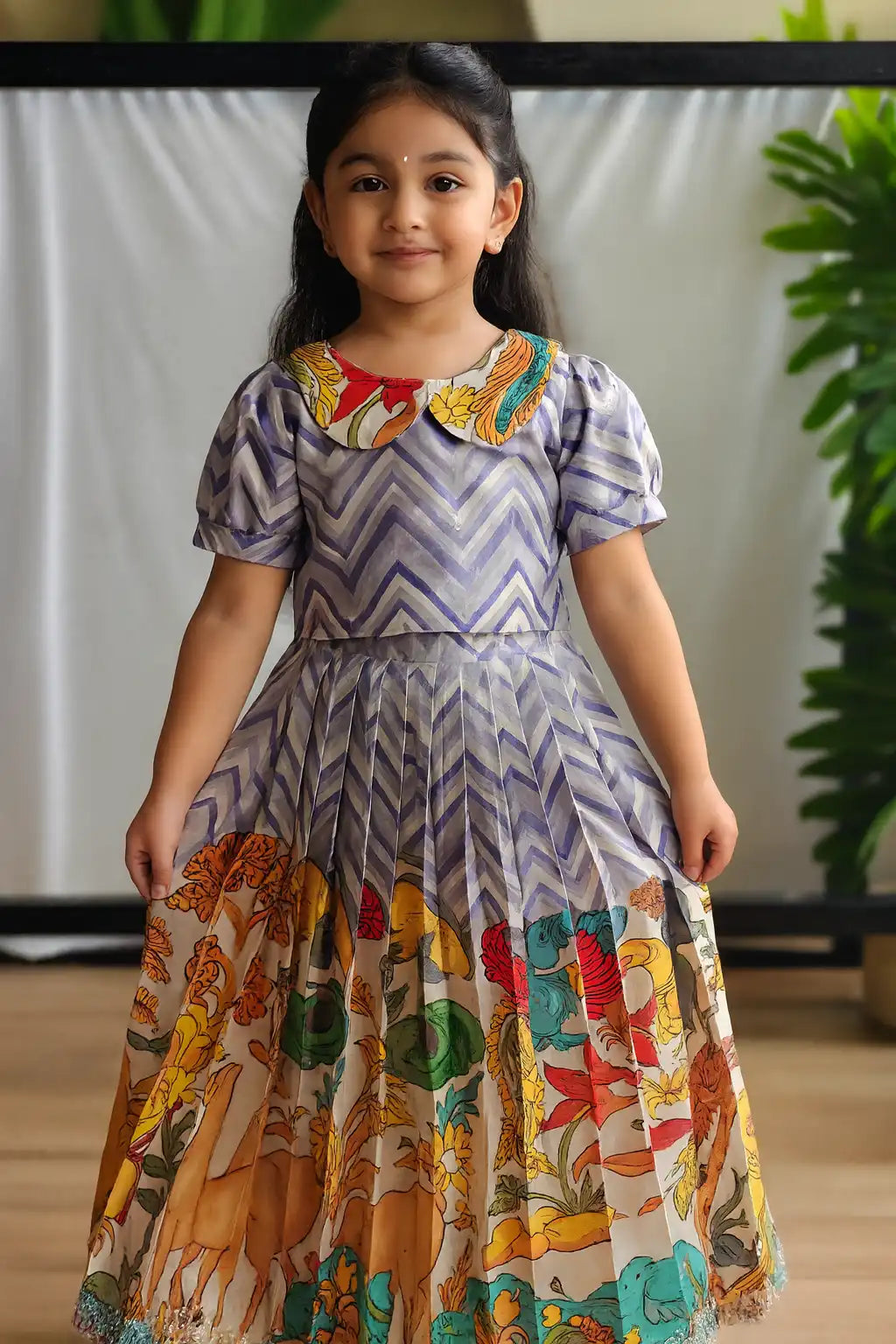 Kids Kalamkari Print Lehenga Choli Set (1 Month–16 Years) - Lavender