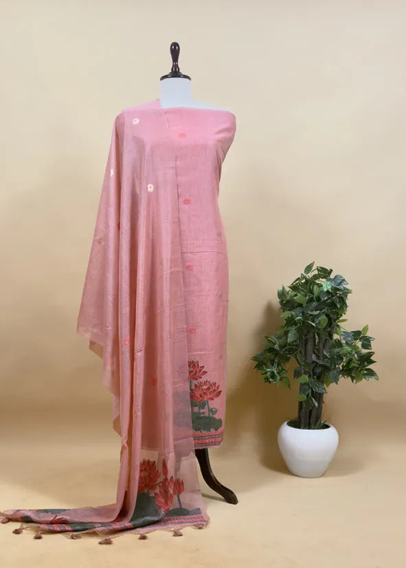 Pure Soft Muga Cotton Lotus Unstitched Dress Material Set - Pink