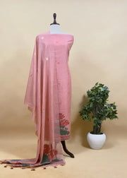 Pure Soft Muga Cotton Lotus Unstitched Dress Material Set - Pink