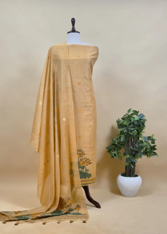 Pure Soft Muga Cotton Lotus Unstitched Dress Material Set - Mustard