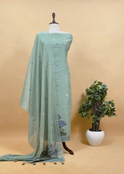 Pure Soft Muga Cotton Lotus Unstitched Dress Material Set - Pista