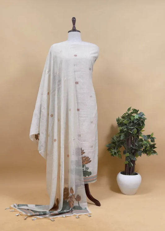 Pure Soft Muga Cotton Lotus Unstitched Dress Material Set - Cream