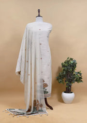 Pure Soft Muga Cotton Lotus Unstitched Dress Material Set - Cream