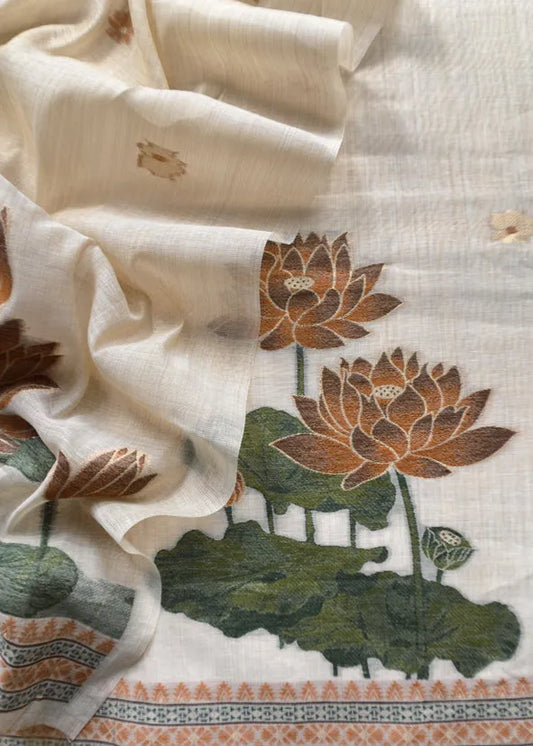 Pure Soft Muga Cotton Lotus Unstitched Dress Material Set - Cream