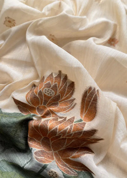 Pure Soft Muga Cotton Lotus Unstitched Dress Material Set - Cream