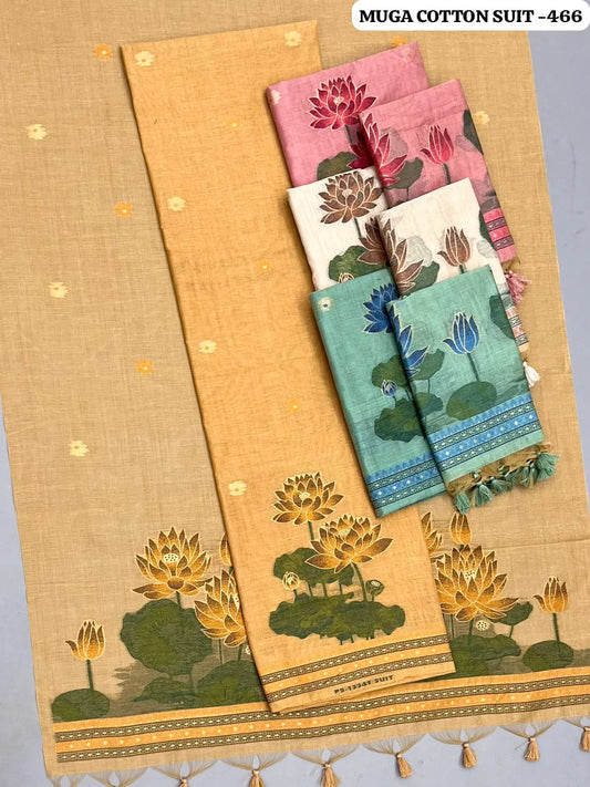 Pure Soft Muga Cotton Lotus Unstitched Dress Material Set - Mustard