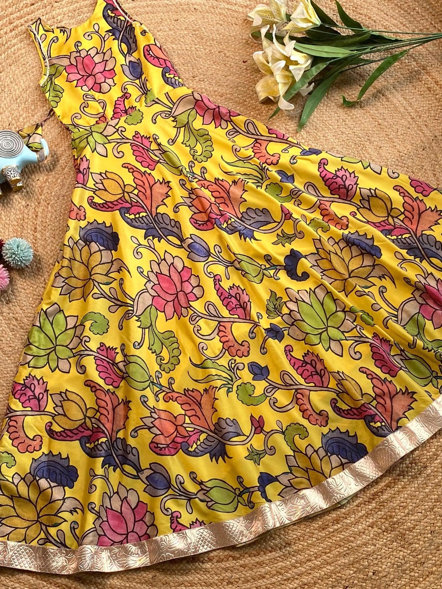 Kids Tussar Silk Pen Kalamkari Printed Gown