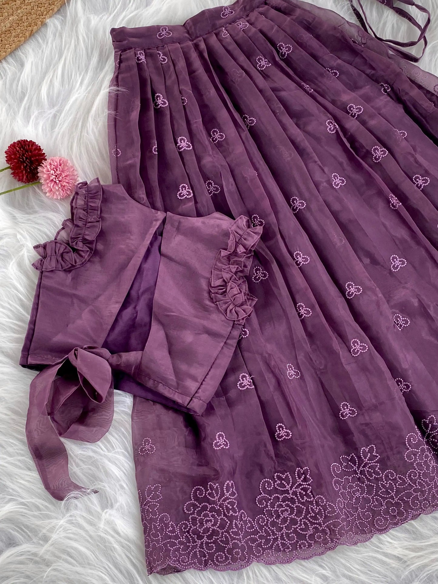 Crush Organza Embroidered Lehenga Choli Set (1 Month–16 Years) - Purple
