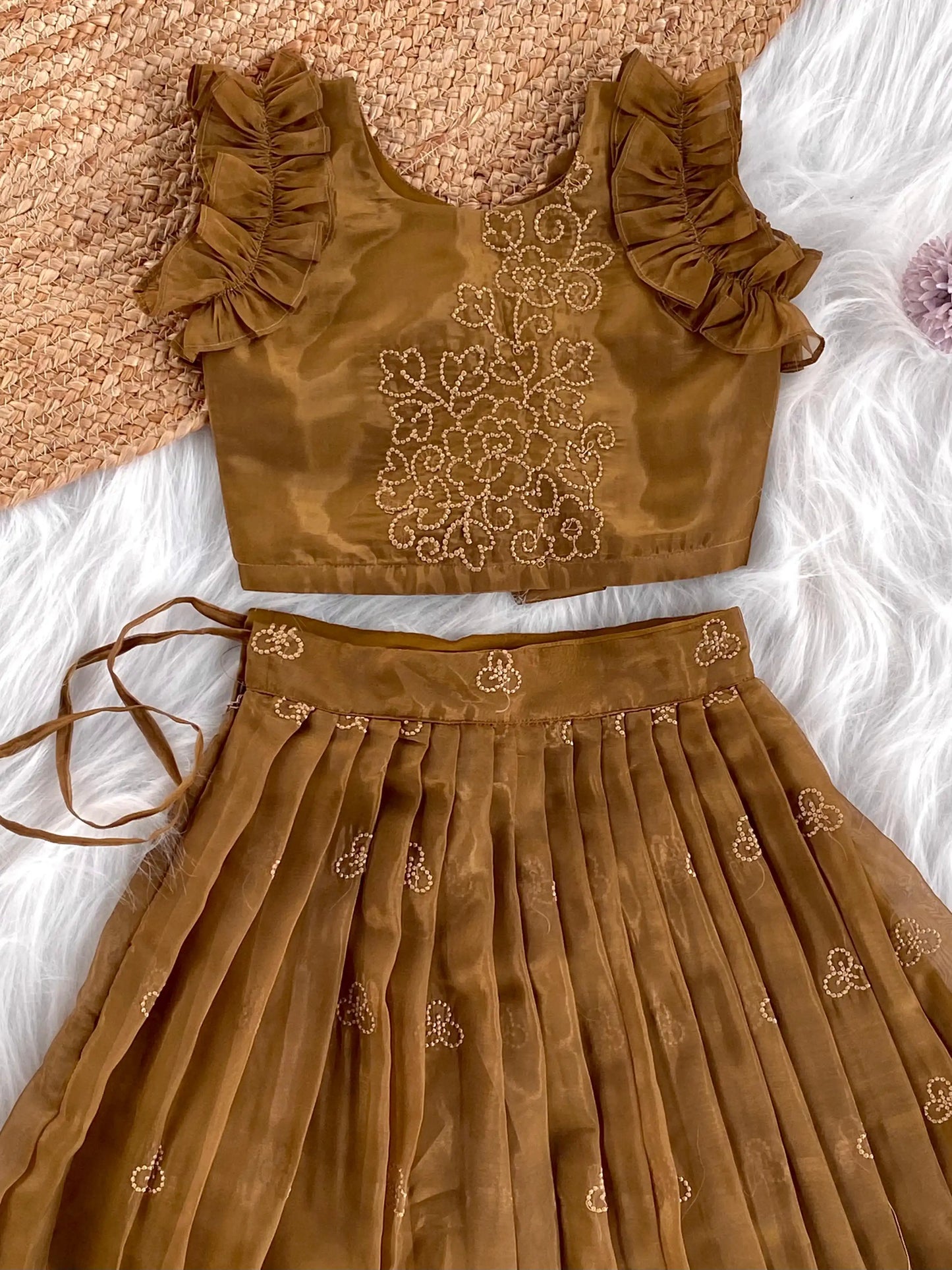 Crush Organza Embroidered Lehenga Choli Set (1 Month–16 Years) - Brown