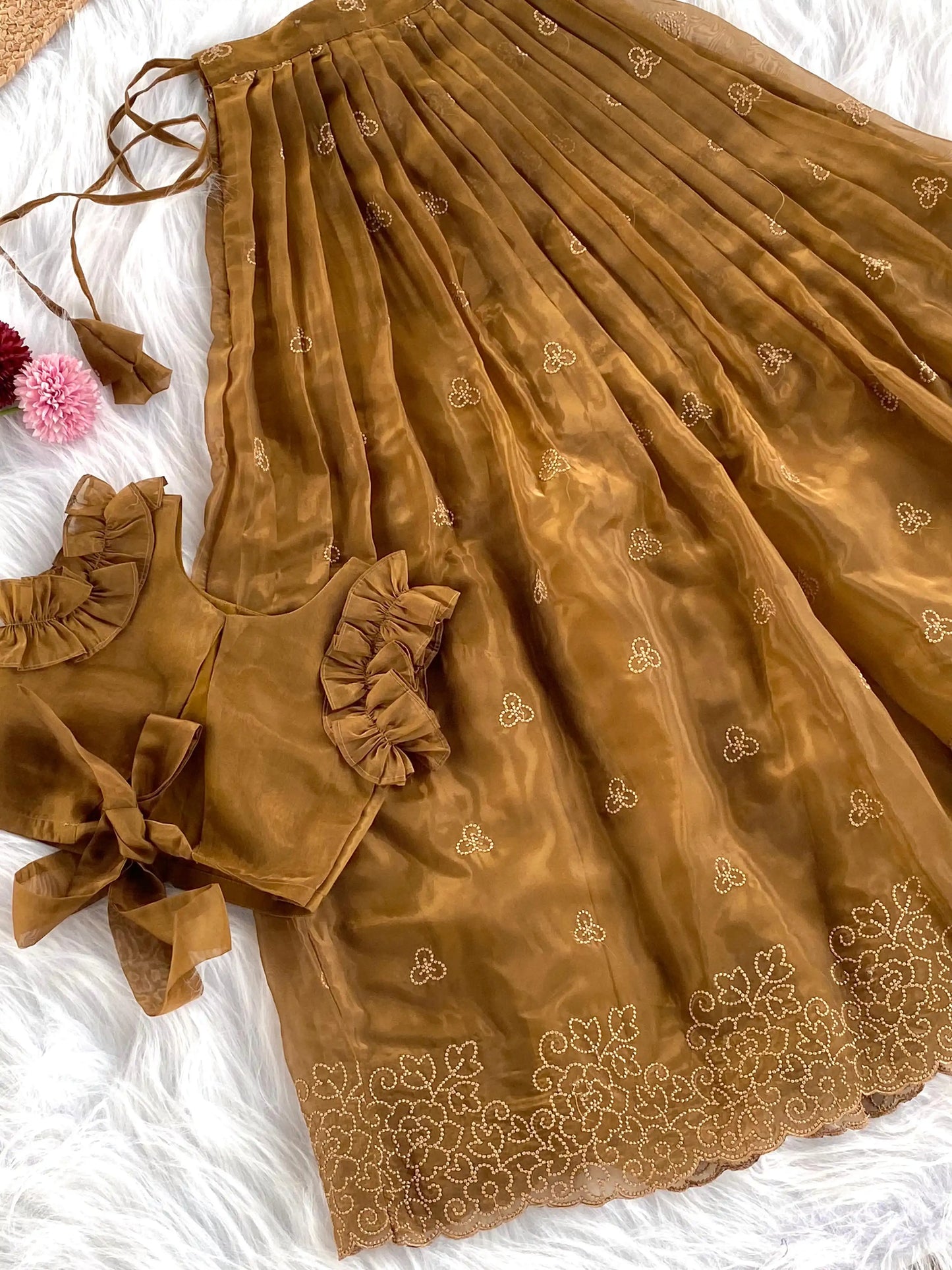 Crush Organza Embroidered Lehenga Choli Set (1 Month–16 Years) - Brown