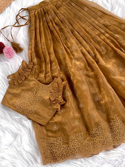 Crush Organza Embroidered Lehenga Choli Set (1 Month–16 Years) - Brown