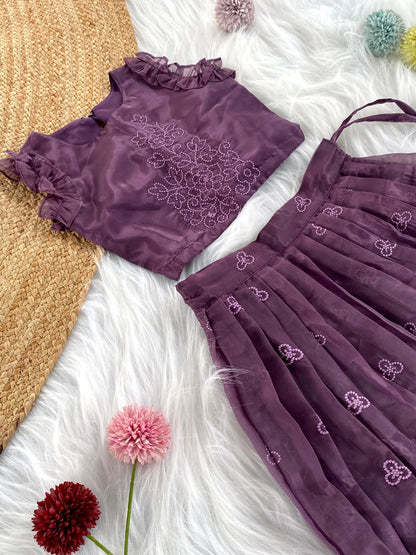 Crush Organza Embroidered Lehenga Choli Set (1 Month–16 Years) - Purple