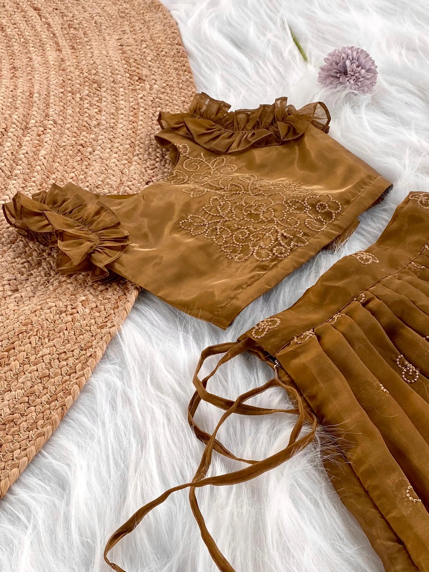 Crush Organza Embroidered Lehenga Choli Set (1 Month–16 Years) - Brown