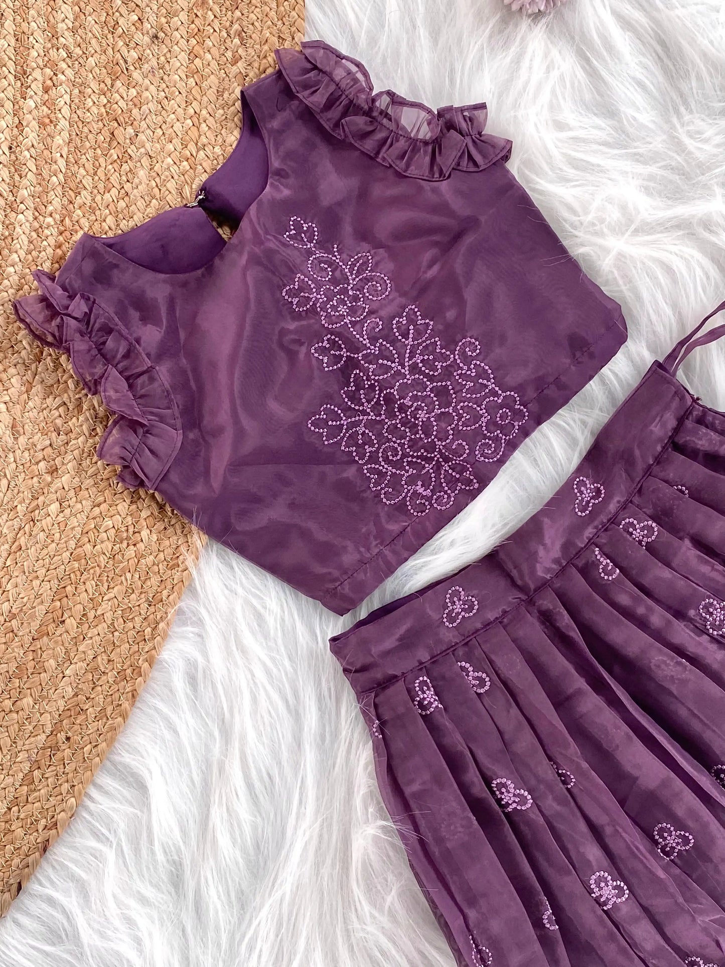 Crush Organza Embroidered Lehenga Choli Set (1 Month–16 Years) - Purple