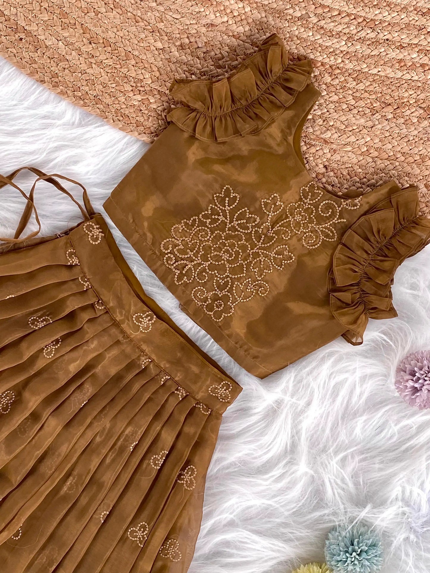 Crush Organza Embroidered Lehenga Choli Set (1 Month–16 Years) - Brown