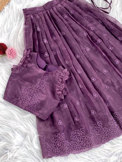 Crush Organza Embroidered Lehenga Choli Set (1 Month–16 Years) - Purple