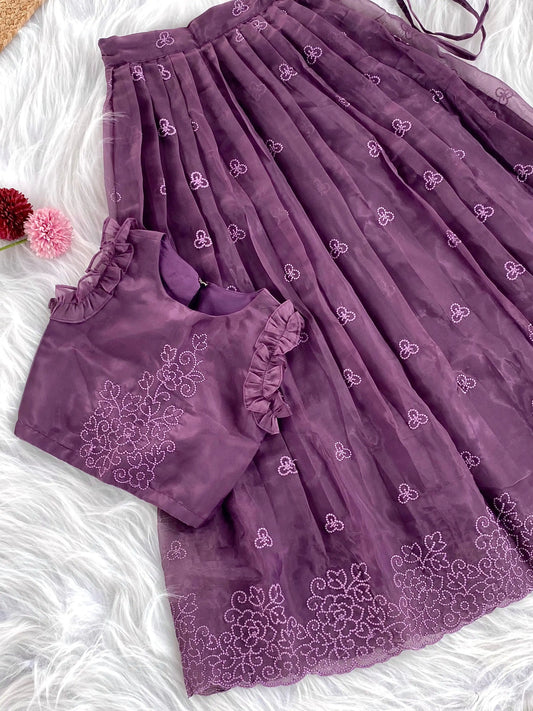 Crush Organza Embroidered Lehenga Choli Set (1 Month–16 Years) - Purple