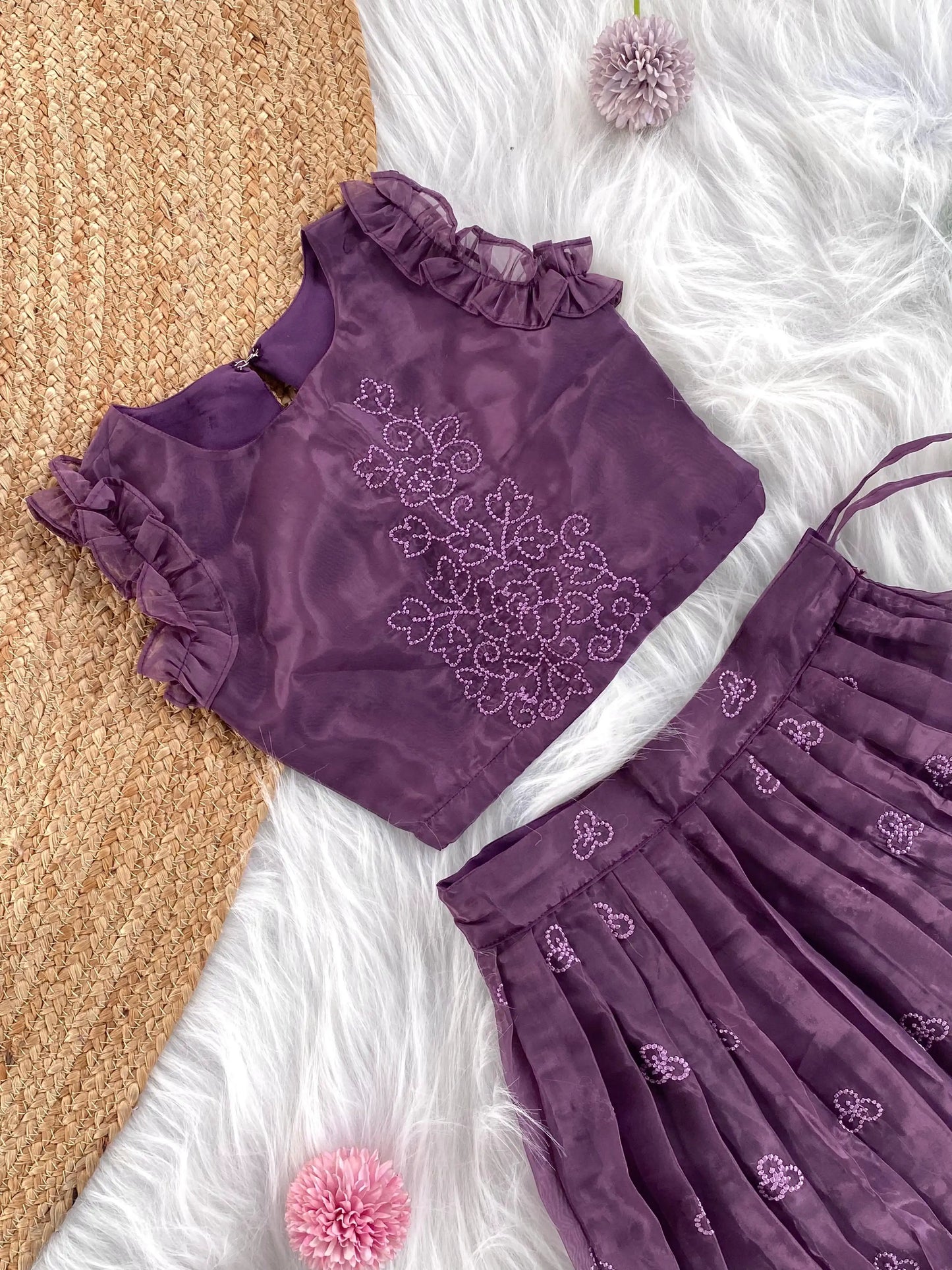 Crush Organza Embroidered Lehenga Choli Set (1 Month–16 Years) - Purple