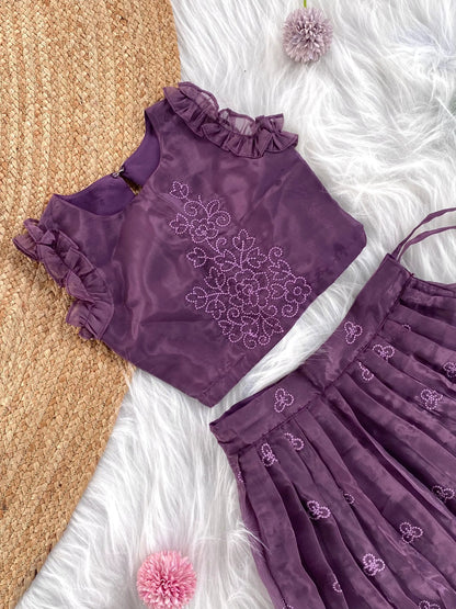 Crush Organza Embroidered Lehenga Choli Set (1 Month–16 Years) - Purple