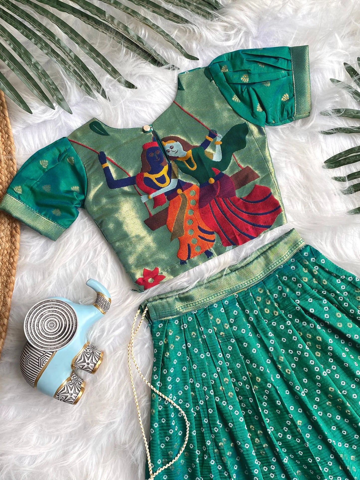 Kids Radha Krishna Lehenga Choli - Green