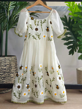 Ivory Floral Bee Embroidered Kids Party Wear Gown