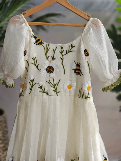 Ivory Floral Bee Embroidered Kids Party Wear Gown