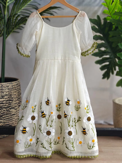 Ivory Floral Bee Embroidered Kids Party Wear Gown