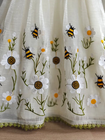 Ivory Floral Bee Embroidered Kids Party Wear Gown