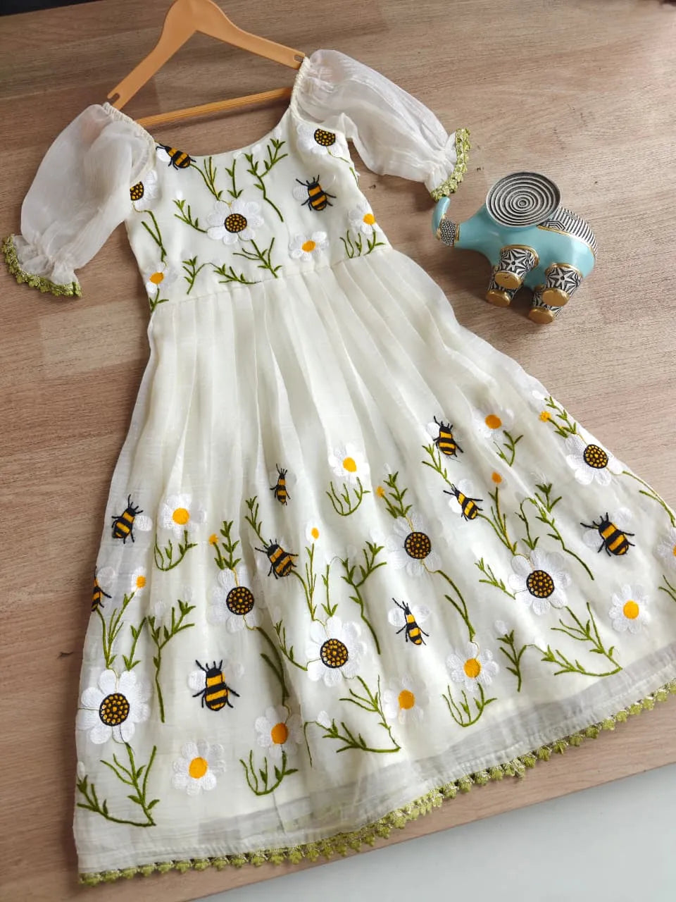 Ivory Floral Bee Embroidered Kids Party Wear Gown