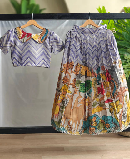 Kids Kalamkari Print Lehenga Choli Set (1 Month–16 Years) - Lavender