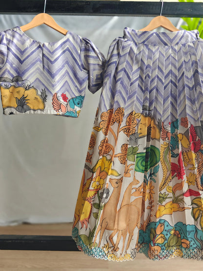 Kids Kalamkari Print Lehenga Choli Set (1 Month–16 Years) - Lavender