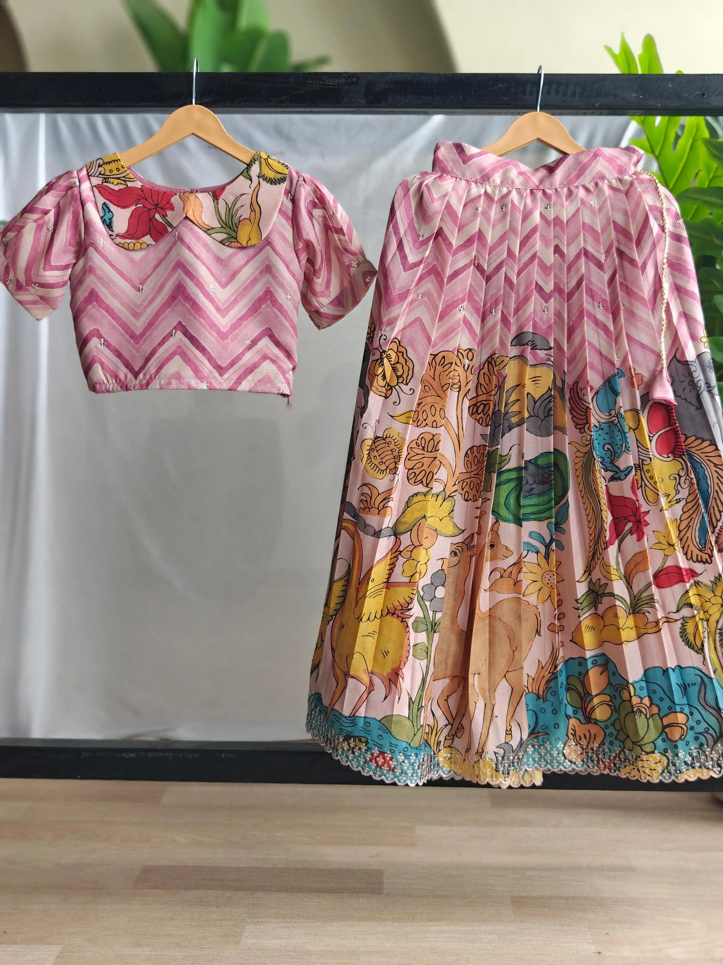 Kids Kalamkari Print Lehenga Choli Set (1 Month–16 Years) - Pink