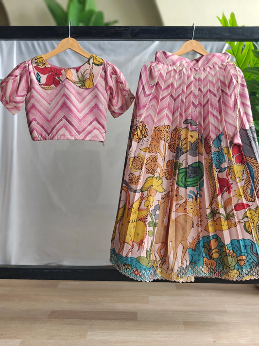 Kids Kalamkari Print Lehenga Choli Set (1 Month–16 Years) - Pink