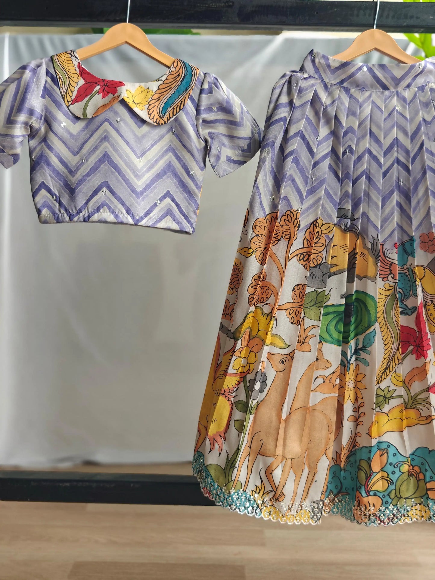 Kids Kalamkari Print Lehenga Choli Set (1 Month–16 Years) - Lavender